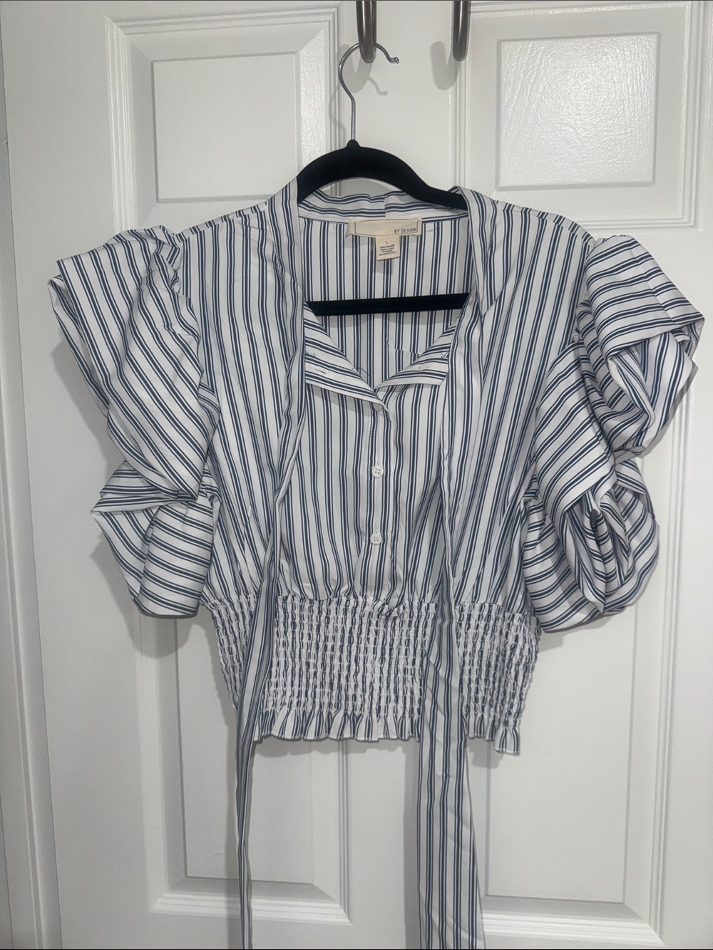 Striped Blue & White Smocked-Waist Puff Sleeve Blouse